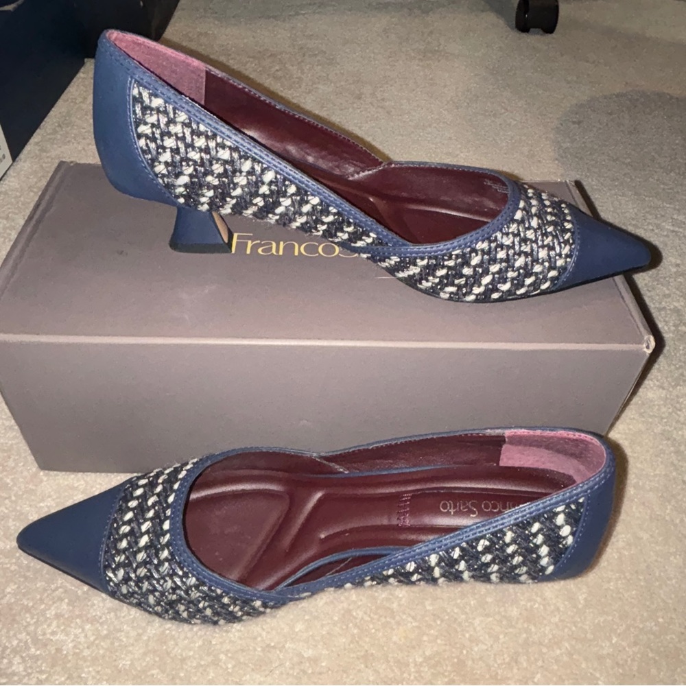 Franco Sarto Navy and Cream Woven Leather Flats